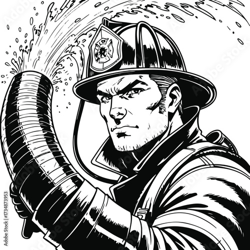 Black thick outline with white background, Smooth line drawing of a fireman holding water hose