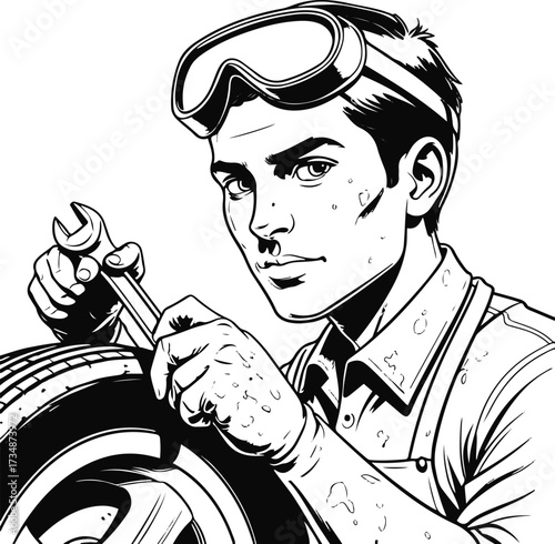Black thick outline with white background, Smooth outline drawing of a mechanic fixing car tire 2