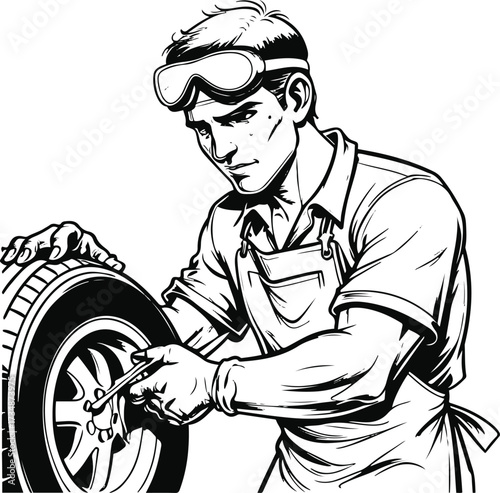Black thick outline with white background, Smooth outline drawing of a mechanic fixing car tire