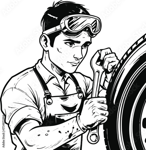 Black thick outline with white background, Smooth outline drawing of a mechanic fixing car tire 1