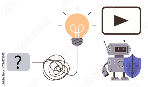 Robot resolving question mark with tangled wire, lightbulb for idea, shield for security, and play button for video. Ideal for AI, creativity, technology, cybersecurity, problem-solving automation