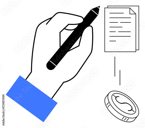 Hand holding pen writing on document, falling coin symbolizing payment. Ideal for contract, agreement, finance, negotiation, transaction, legal process creative writing. Simple flat metaphor