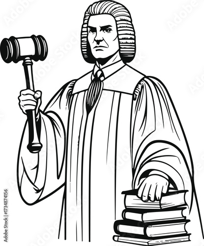Black thick outline with white background, Smooth outline of a judge with gavel in hand 2