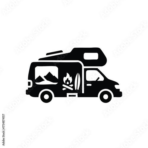 Compact camper van with roof tent and outdoor gear set up for adventure in a natural environment