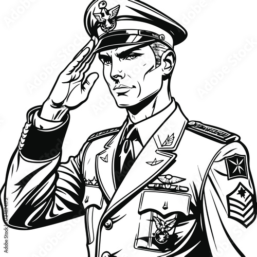  Black thick outline with white background, Continuous smooth line art of a pilot saluting in uniform 1.