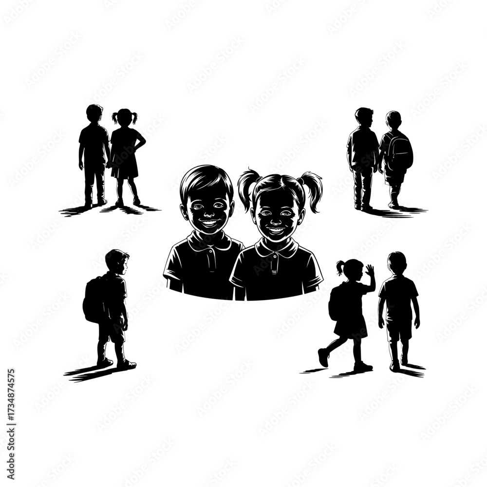 Fototapeta premium Black and white silhouette icons of school children, diverse set of student figures with backpacks, elementary school kids graphic illustrations