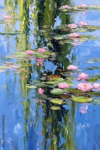 Oil painting Lilies float on water, green trees reflected. For wall art prints
