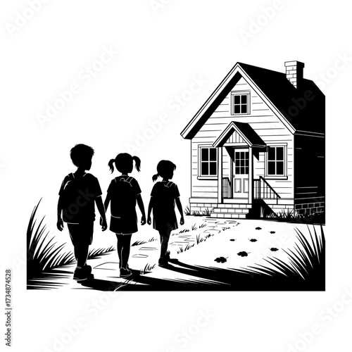 Silhouettes of people or children reading books, Isolated diverse kids with backpacks walking to school, women and children, education concept, learning, knowledge, library scene, study time