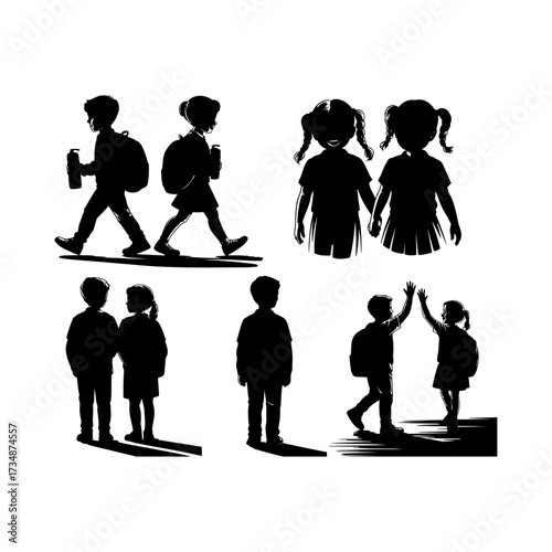 Silhouettes of people or children reading books, Isolated diverse kids with backpacks walking to school, women and children, education concept, learning, knowledge, library scene, study time