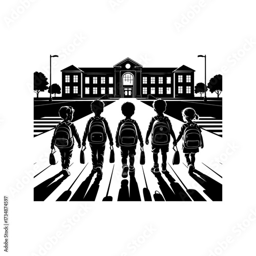 Silhouettes of people or children reading books, Isolated diverse kids with backpacks walking to school, women and children, education concept, learning, knowledge, library scene, study time