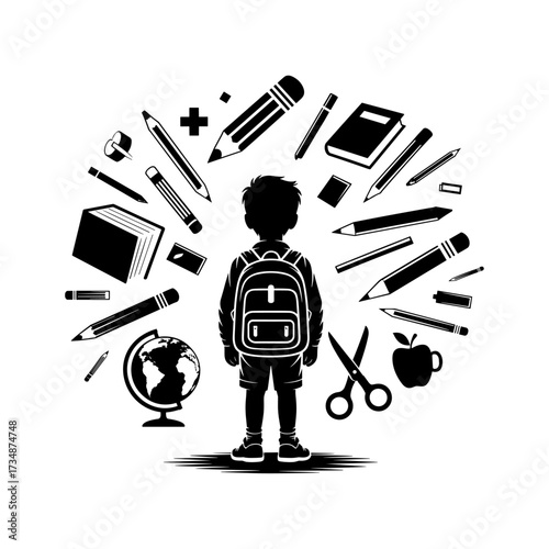 Silhouettes of people or children reading books, Isolated diverse kids with backpacks walking to school, women and children, education concept, learning, knowledge, library scene, study time