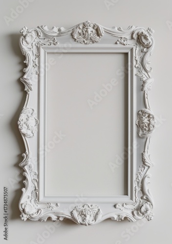Ornate White Frame Isolated on Wall for Art Display or Gallery Mockup
