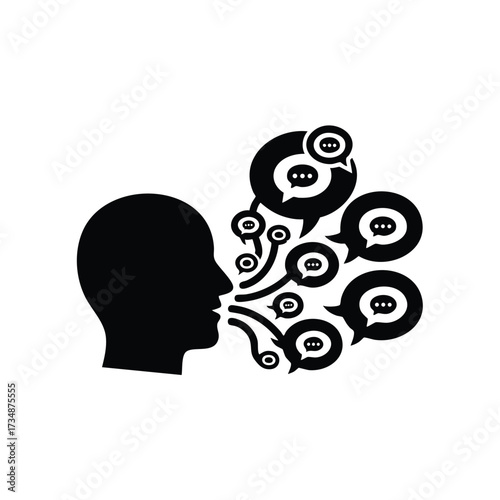 Silhouette of a human head with multiple speech bubbles representing communication and conversation in a minimalistic style
