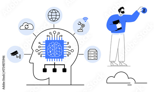 Human silhouette with a brain-shaped microchip connected to icons robotics, cloud storage, surveillance, and internet. Ideal for AI, innovation, data analysis, future technology, machine learning