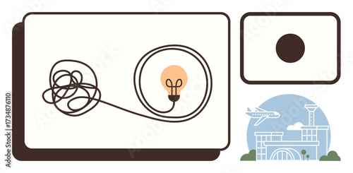 Lightbulb connected to a tangled wire symbolizing creativity, problem-solving, and innovation. Accompanied by circular minimalism and an airport terminal icon. Ideal for brainstorming, travel