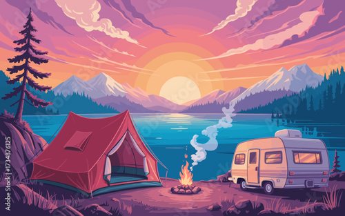 The image captures a picturesque camping scene set by a serene lake, featuring a bright sunset, a cozy tent, and a tranquil atmosphere with mountains in the background.