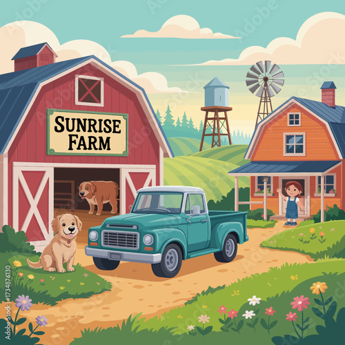 A picturesque farm setting showcases a vintage truck, playful dogs, a classic red barn, and a cozy home, highlighting rural life and tranquility in the countryside.