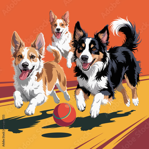A vibrant illustration of three joyful corgis playing and running after a ball, perfectly capturing the lively spirit and happiness these dogs bring to their owners and the community.