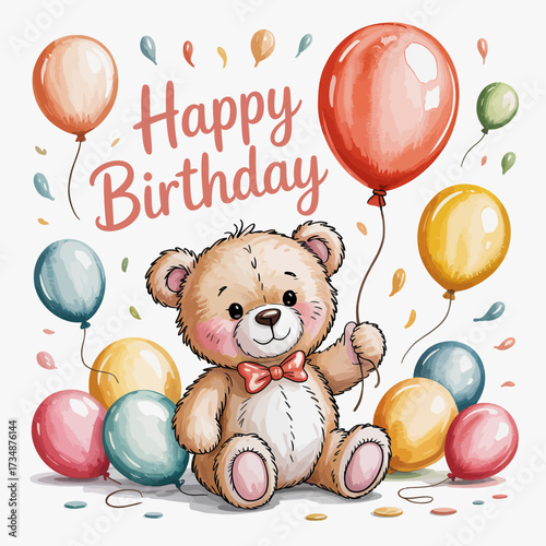 A delightful teddy bear celebrating a birthday, holding colorful balloons, radiating joy and warmth, perfect for festive occasions or children's celebrations.
