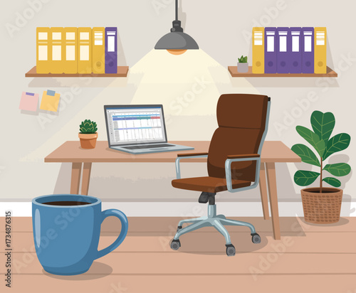 A minimalist workspace featuring a stylish desk with a laptop, potted plants, and a large mug of coffee to enhance productivity and modern work life aesthetics.