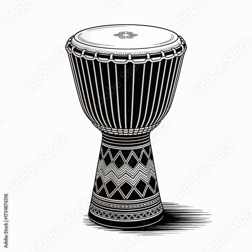 This image showcases a beautifully crafted traditional African drum featuring intricate designs and patterns, symbolizing music and cultural heritage.