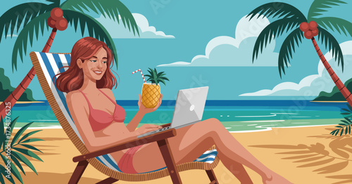 A cheerful woman lounging on a beach chair, enjoying a pineapple drink and sunbathing, evoking the essence of summer, relaxation, and joy in a vibrant coastal setting.