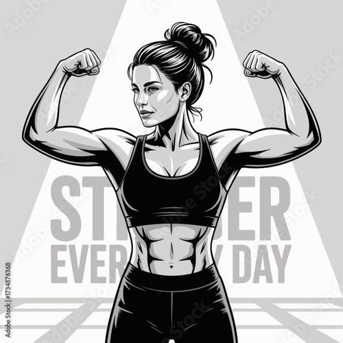 A striking black and white illustration of a strong woman flexing her muscles, embodying the spirit of empowerment, fitness, and unwavering confidence in her form.