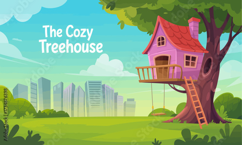 A whimsical treehouse nestled in a green landscape with urban skyscrapers in the background, highlighting childhood dreams, nature, and playful imagination in a modern setting.