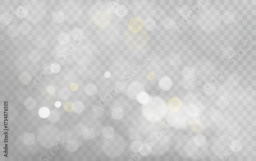 Golden dust light on transparent background. Christmas glowing bokeh confetti and sparkle overlay texture for your design. Stock royalty free vector illustration. 