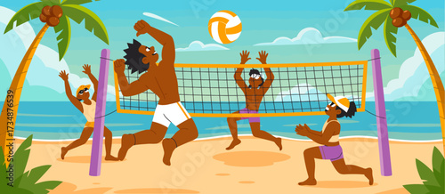 This lively image captures the excitement of a beach volleyball game among friends, reflecting teamwork, joy, and the fun of summer activities by the seaside.