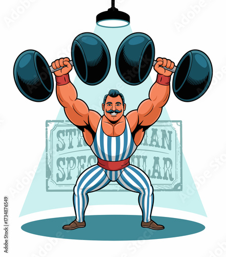 A powerful image of a strongman lifting heavy weights under a spotlight, showcasing strength, determination, and the spirit of fitness in a dynamic and inspiring setting.