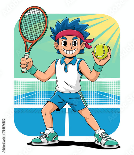 This exciting image shows a young boy holding a tennis racket and ball, exuding enthusiasm and readiness for the game, capturing the spirit of youth and sportsmanship in action.