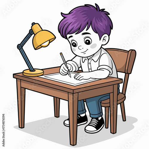 This charming image displays a young boy writing diligently at a wooden desk under a warm lamp glow, highlighting childhood creativity and focus in a cozy study environment.