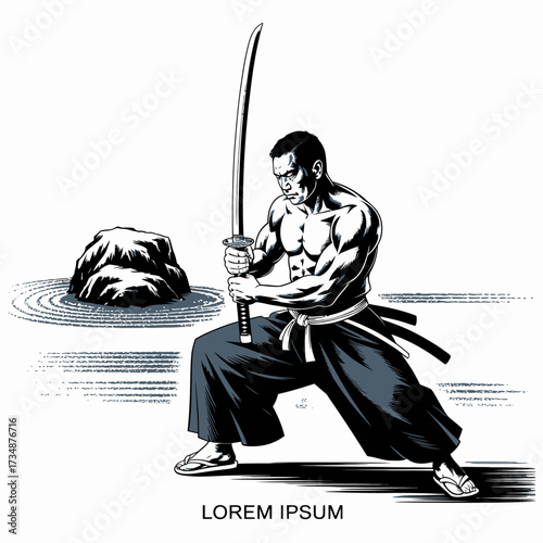 A strong warrior brandishes a katana in a powerful stance, embodying discipline and strength in this striking portrayal of a samurai in a serene environment.