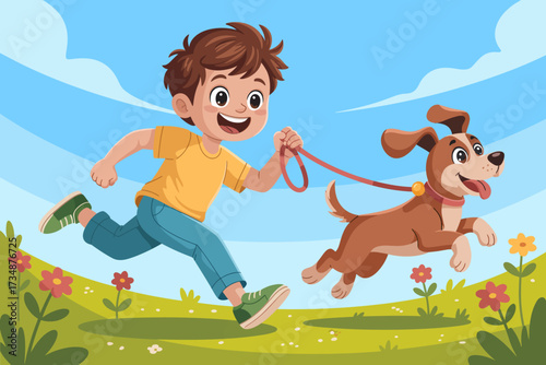 A gleeful child runs joyfully with a dog on a sunny day in a picturesque landscape, highlighting the connection between pets and children while celebrating carefree childhood moments.