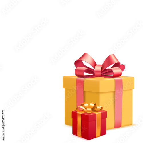 Yellow and red gift boxes with pink and orange ribbons on white background, digital illustration.