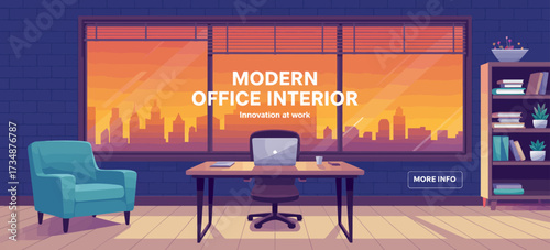 A stylish modern office interior showcasing a sleek desk, comfortable chair, and panoramic city view, designed to inspire creativity and productivity in a professional environment.