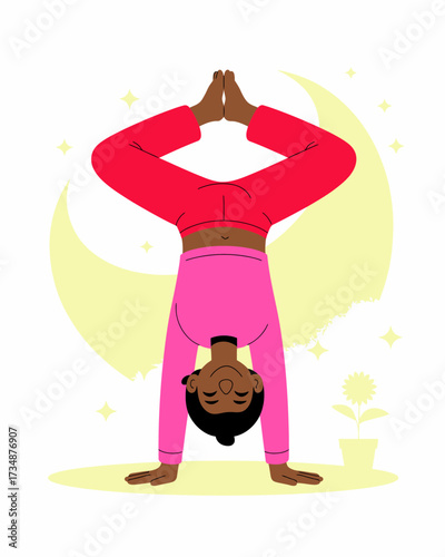 A calm woman in a pink outfit practicing a handstand yoga pose, symbolizing balance, strength, and mindfulness against a soothing celestial background.