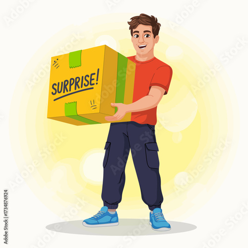 A lively boy proudly presents a surprise gift wrapped in cheerful colors, radiating excitement and joy, symbolizing moments of giving and receiving in life.