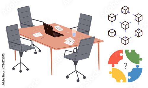 Office table with chairs and laptop surrounded by papers, water glass, cubes forming a blockchain network, and puzzle pieces symbolizing problem-solving. Ideal for teamwork, collaboration