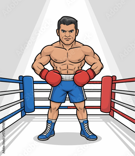 A muscular boxer stands confidently in a boxing ring, exuding strength and determination as he prepares for an upcoming match, showcasing athletic prowess.