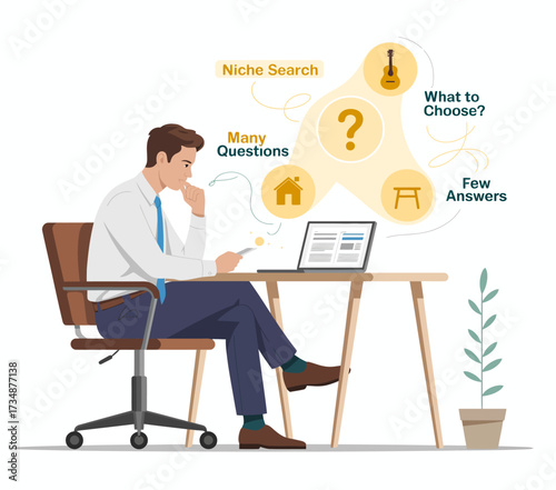 A thoughtful man sits at a desk, considering niche selections, surrounded by symbols of uncertainty and exploration, conveying the challenges of decision-making in modern life.