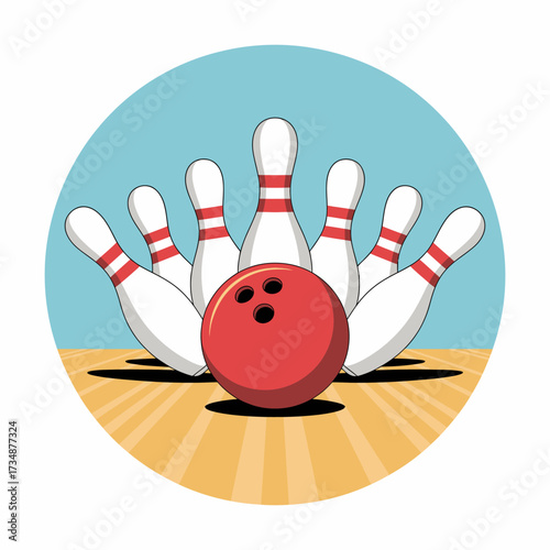 A dynamic graphic illustration of a bowling ball approaching pins, capturing the excitement and fun of bowling in a stylized and colorful manner.