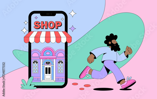 A trendy character dashes past a shop displaying vibrant colors on a mobile phone screen, representing the fast-paced lifestyle and excitement of modern shopping experiences.