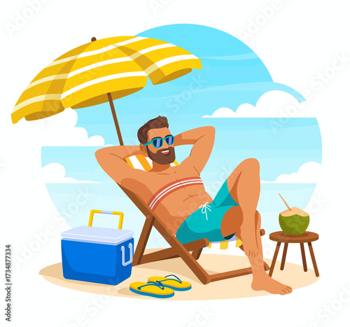 A carefree man enjoys a sunny day at the beach, lounging in a chair under a yellow umbrella with a coconut drink, embodying relaxation and leisure in summer.