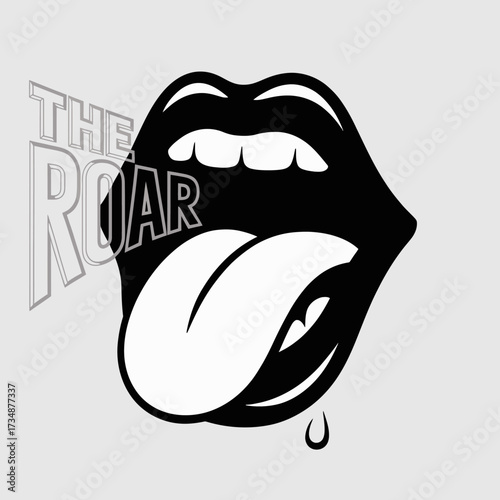 This striking image features a bold black and white illustration of an open mouth with a prominent tongue, conveying excitement and liveliness in an artistic manner.