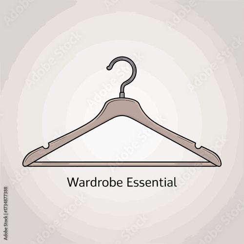 An illustration of a simple clothes hanger labeled 'Wardrobe Essential', showcasing the simplicity and necessity of basic items in everyday fashion and organization.