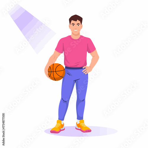 A confident young basketball player stands proudly holding a basketball, wearing sports attire, radiating determination and readiness for the game in a spotlight setting.
