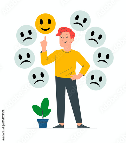 A thoughtful individual poses with a finger raised, surrounded by varying emotional expressions, representing the struggle between positivity and negative thoughts in today's life.