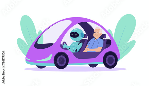 A sleek purple car features a friendly robot driver and an older man, symbolizing the future of autonomous vehicles and companionship across generational divides.